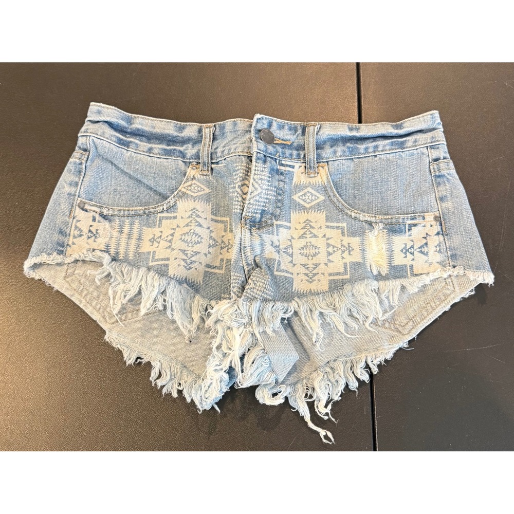 Billabong 3 Laneway Denim Micro‎ Mini Shorts Blue Aztec Tribal Print Distressed